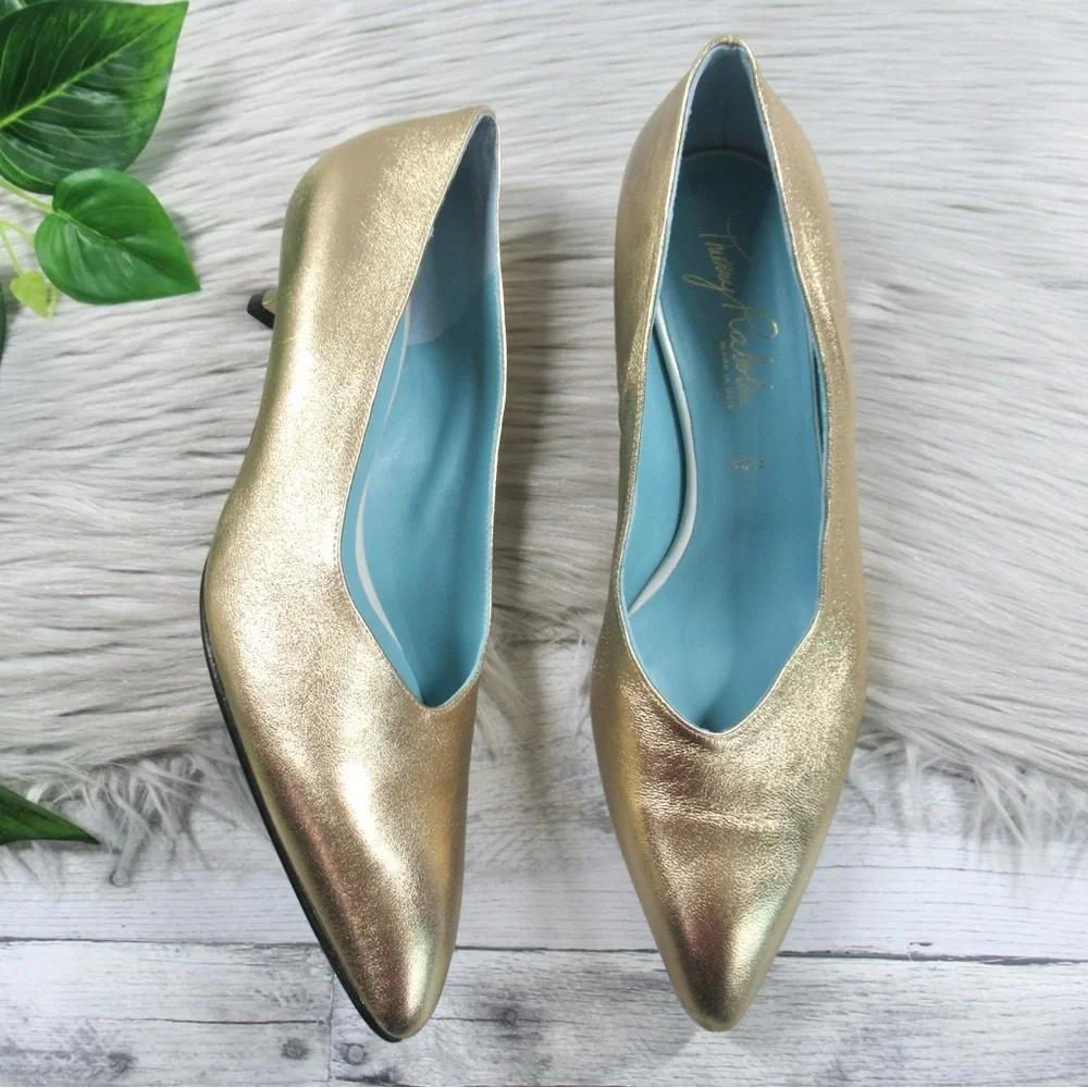 THIERRY RABOTIN Gold Napa Pointed Toe Kitten Heel Pumps Women's 40.5 US Size 10